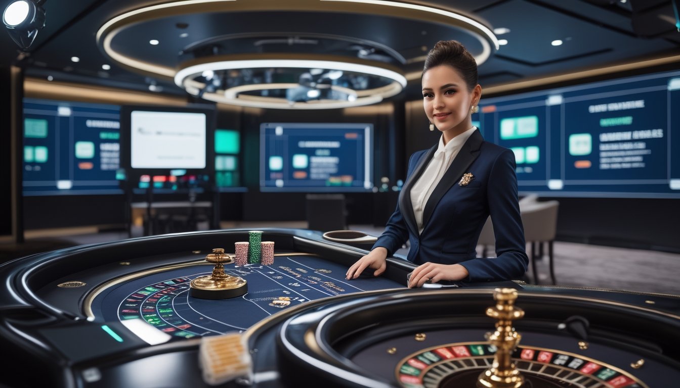 Dealer perempuan memandu permainan kasino langsung di studio modern dengan meja roulette dan kamera siaran.