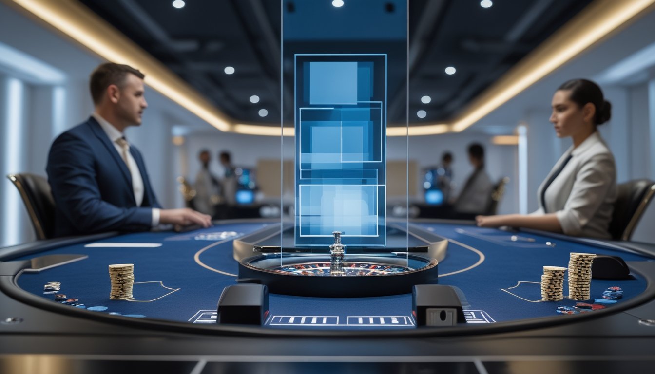 Dealer profesional bekerja di studio kasino langsung modern dengan meja roulette dan blackjack.