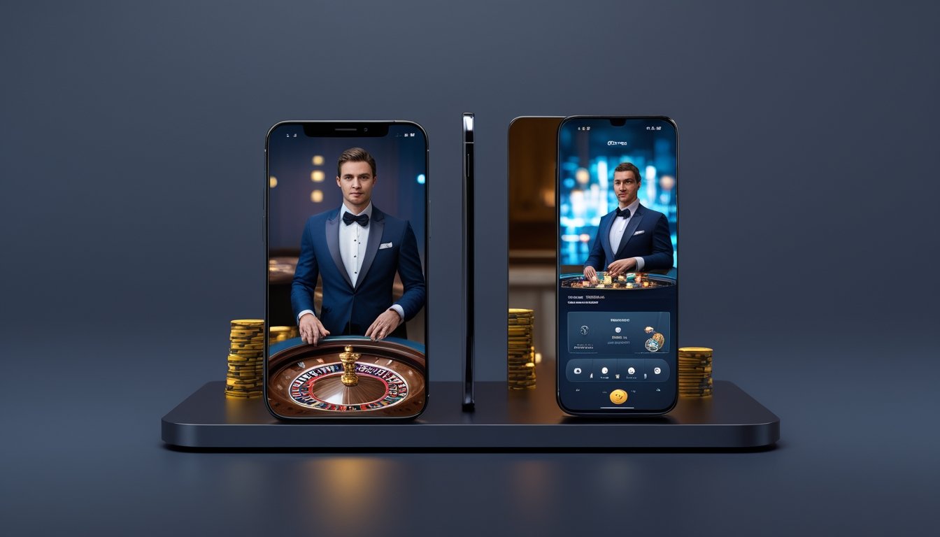 Ponsel dan tablet menampilkan permainan kasino langsung dengan dealer di meja roulette.