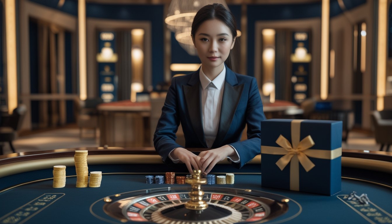 Dealer perempuan memandu permainan roulette di kasino modern dengan meja, kartu, dan keping taruhan.