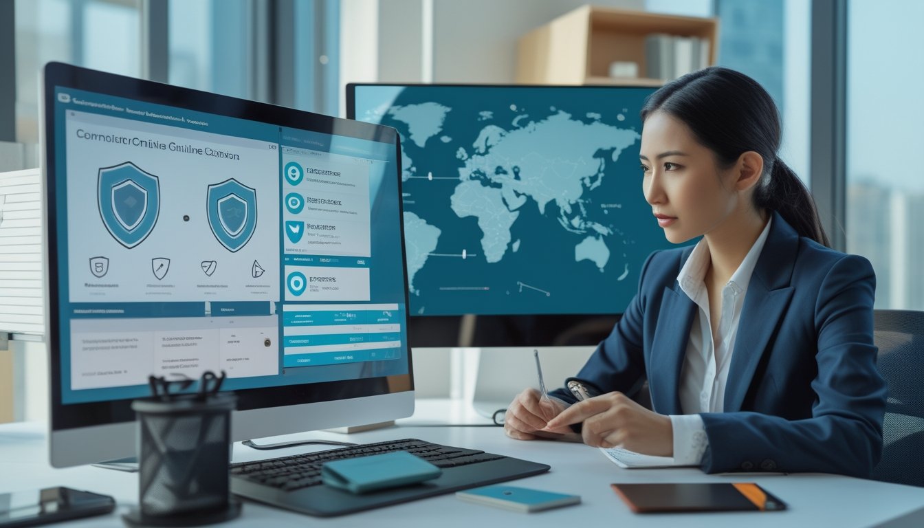 Analis kepatuhan memeriksa keamanan platform digital dengan simbol perlindungan dan peta Asia di ruang kerja modern.