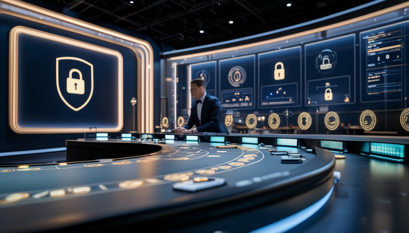 Dealer berada di studio kasino langsung modern dengan simbol keamanan digital dan perlindungan data.