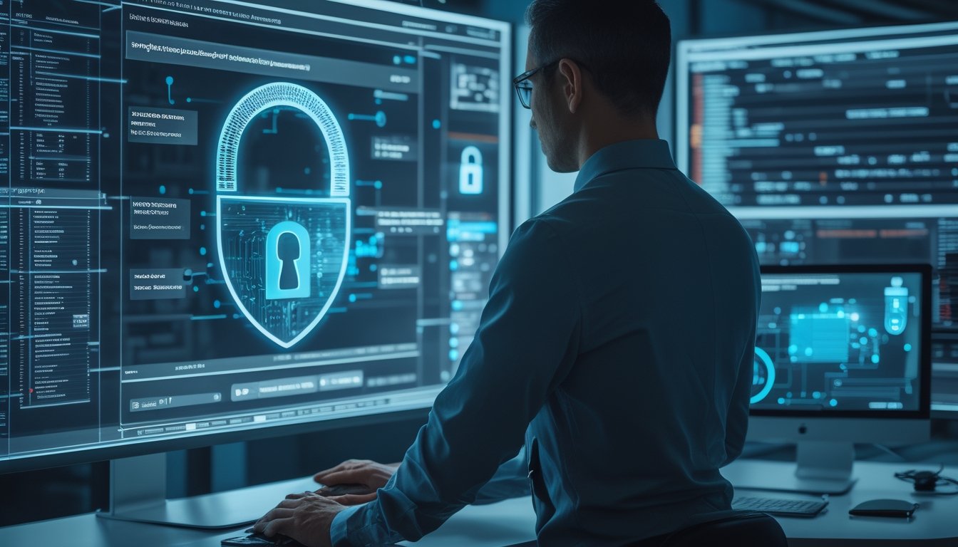 Spesialis keamanan siber memantau sistem enkripsi dan perlindungan data di ruang operasi digital modern.