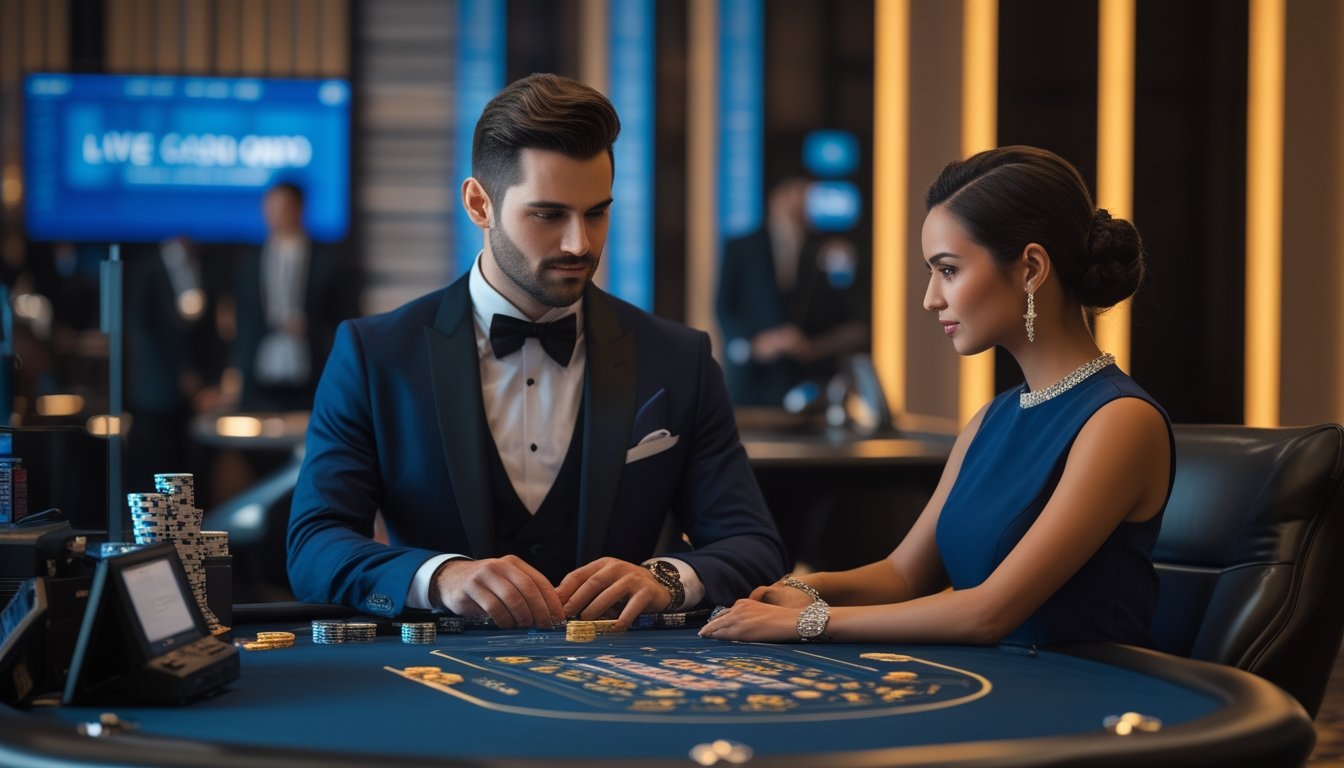 Pemain VIP duduk di meja kasino mewah bersama dealer profesional dalam suasana elegan.