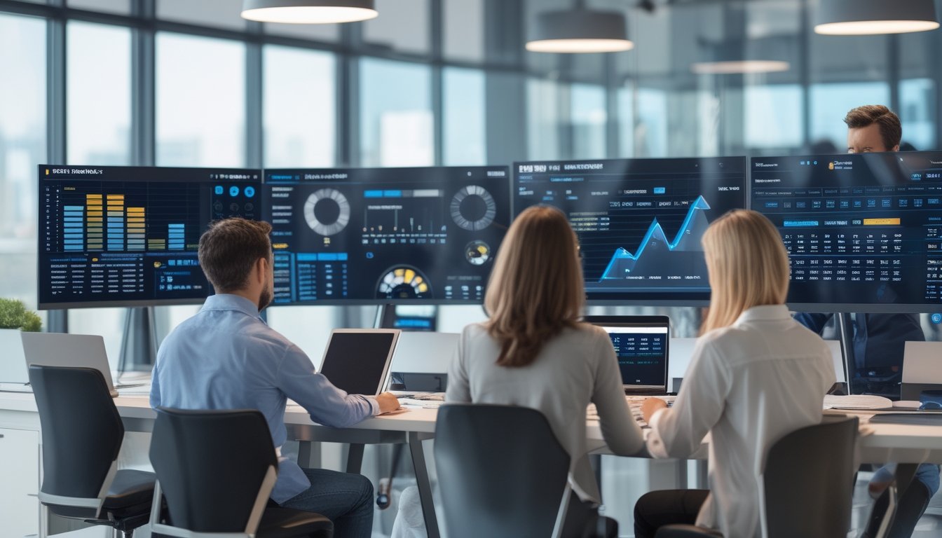 Tim analis dewasa meninjau grafik dan data abstrak di kantor modern.