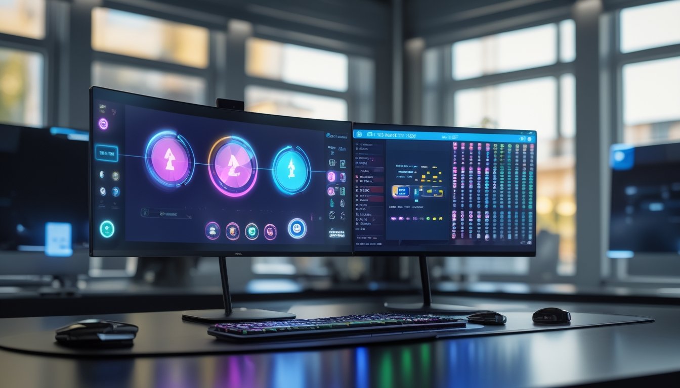 Komputer dan ponsel menampilkan antarmuka permainan digital abstrak di ruang kerja modern dengan pencahayaan neon.