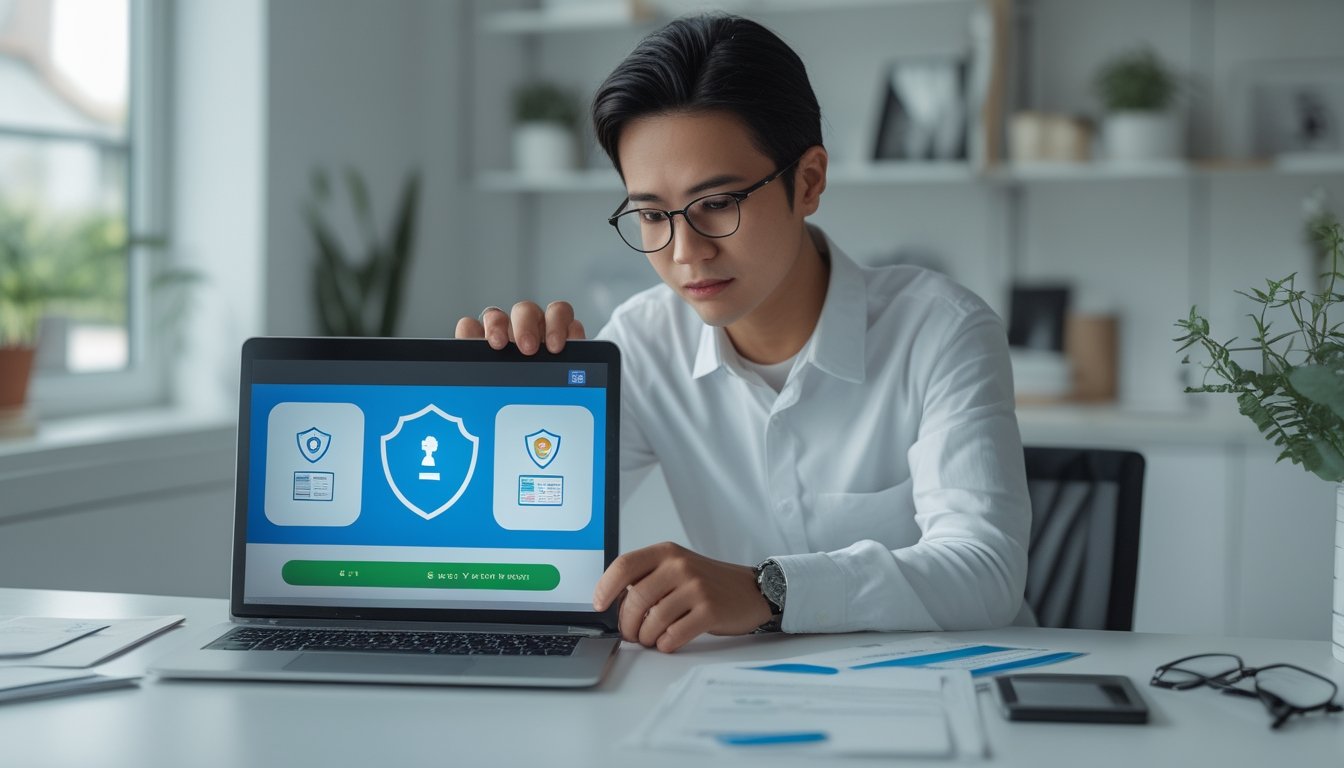 Seorang profesional memeriksa keamanan dan kredibilitas platform daring di laptop dengan dokumen verifikasi di meja.