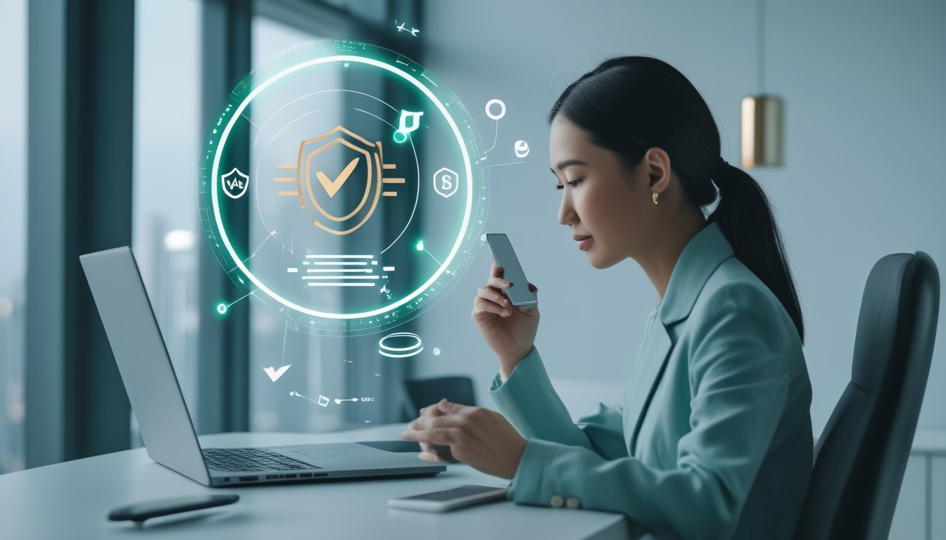 Seorang profesional menggunakan laptop dan ponsel dengan simbol keamanan serta pembayaran digital.