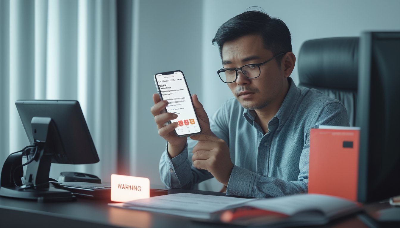 Seorang pengguna Indonesia tampak khawatir saat melihat ponsel dengan simbol peringatan dan dokumen hukum di meja kerja.