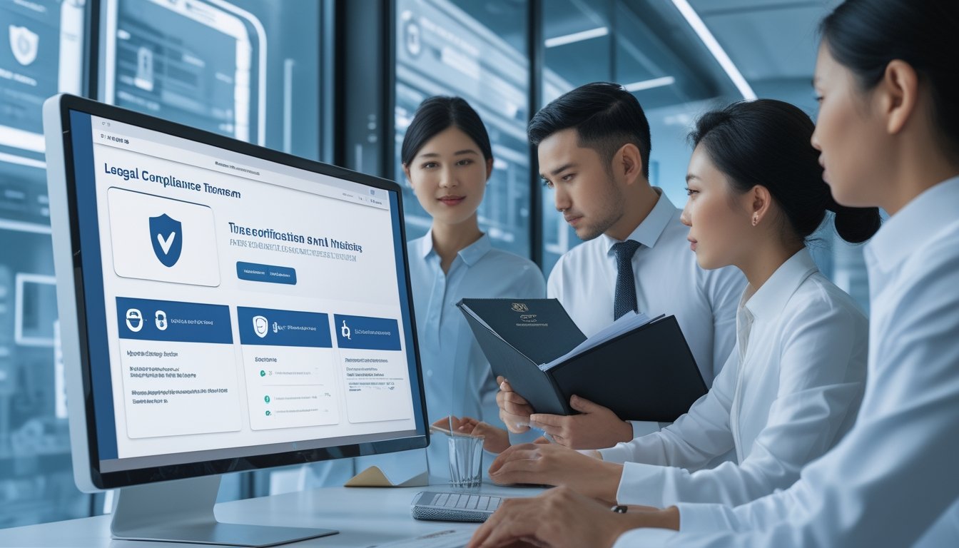 Tim kepatuhan Asia memeriksa dokumen legalitas dan keamanan platform digital di kantor modern.