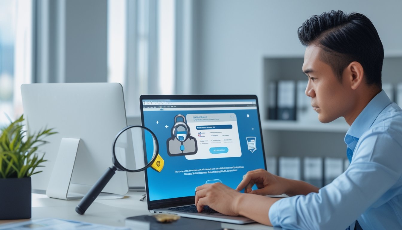Seorang profesional memeriksa legalitas layanan digital menggunakan laptop, dokumen, dan simbol keamanan.