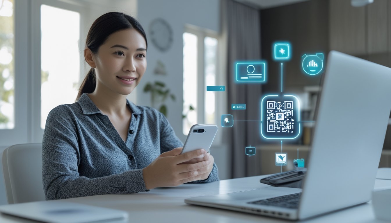 Seseorang menggunakan ponsel untuk melakukan pembayaran digital dengan kode QR di ruang kerja modern.