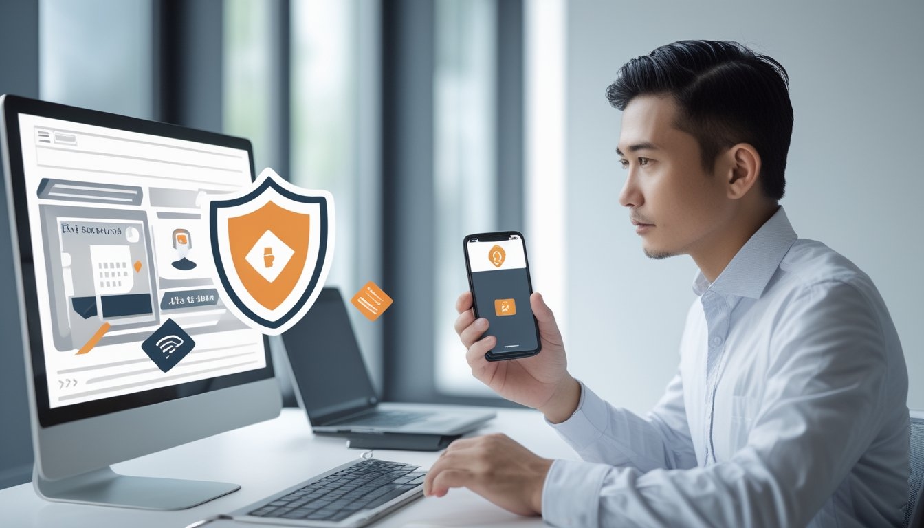 Orang dewasa memeriksa laptop dan ponsel dengan simbol pembayaran digital serta elemen keamanan di meja kerja.