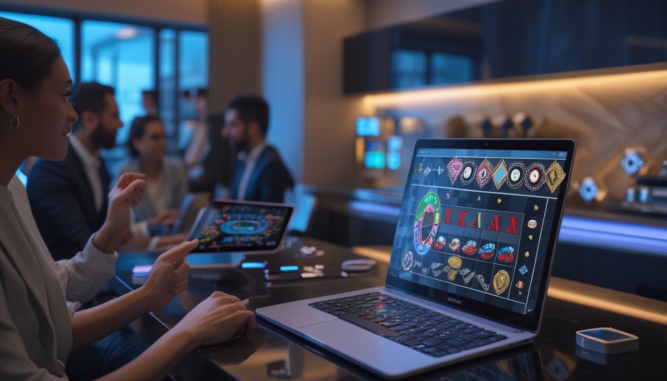 Orang dewasa menggunakan laptop dan ponsel dengan tampilan permainan kasino digital di ruang modern.