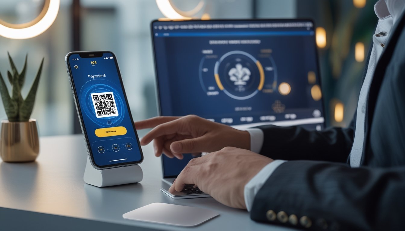 Seorang profesional menggunakan ponsel dengan kode QR di samping laptop dalam suasana kerja modern.