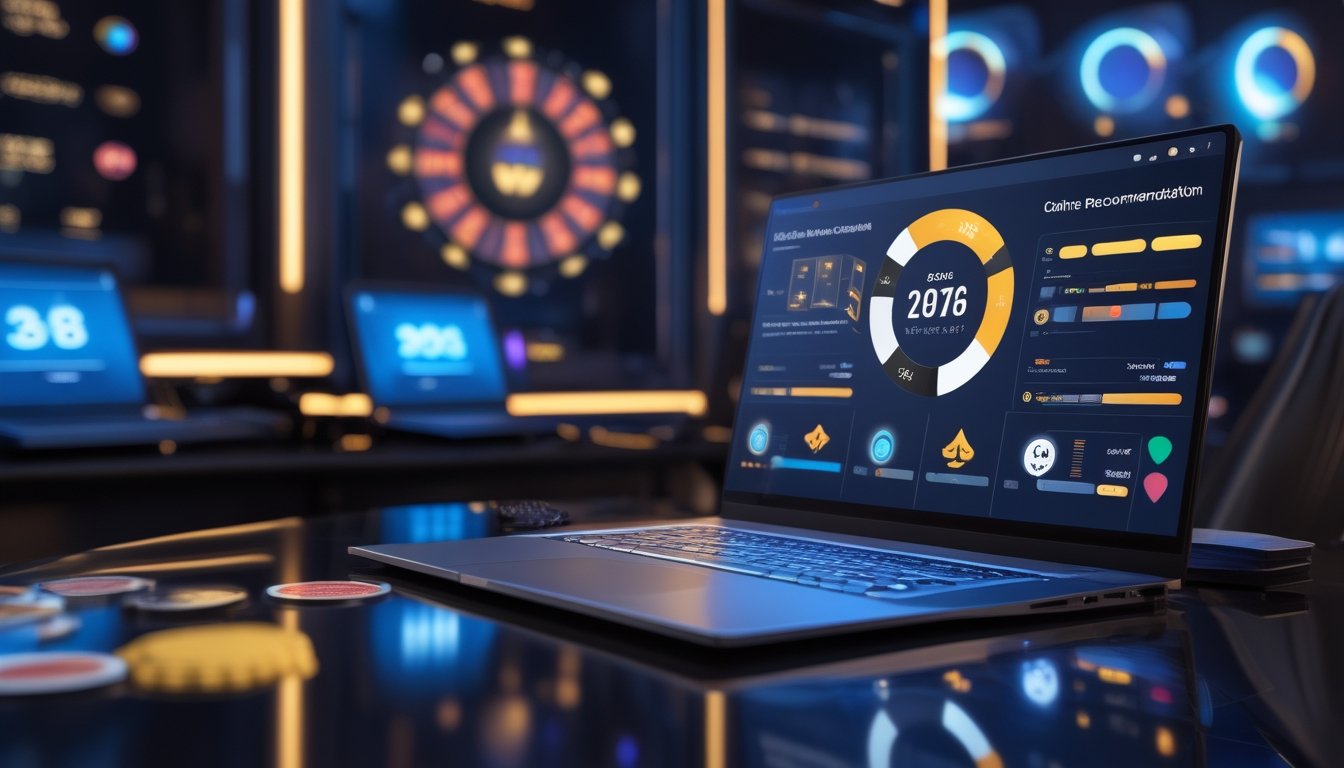 Laptop dengan tampilan abstrak bertema kasino, dikelilingi kartu, koin, dan roda roulette di atas meja modern.