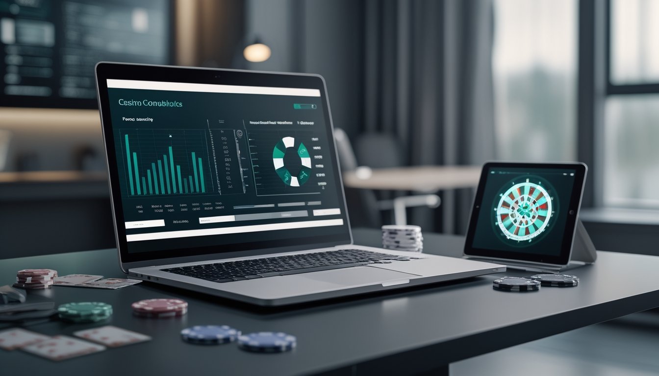 Meja kerja modern dengan laptop, tablet, kalkulator, kartu, keping poker, dan visualisasi peluang abstrak.