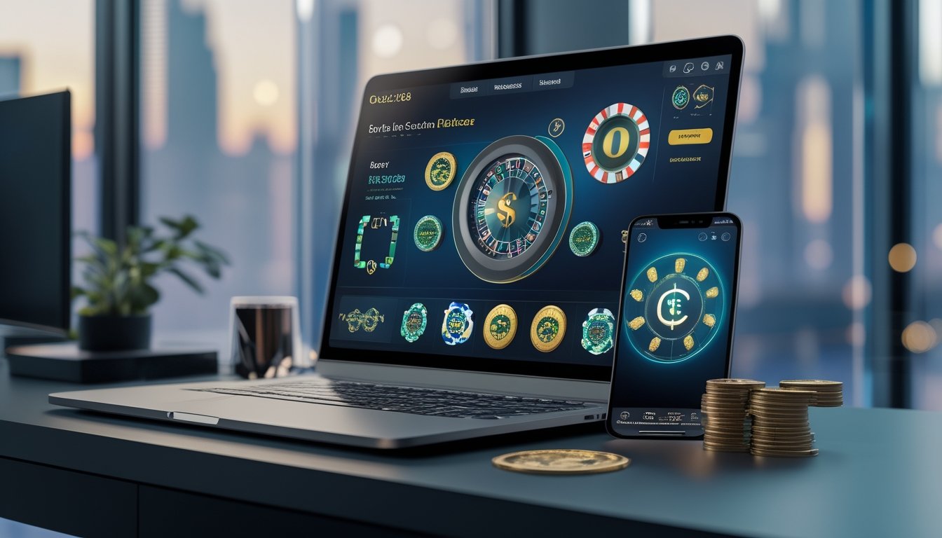 Laptop dan ponsel menampilkan antarmuka kasino digital abstrak di atas meja modern dengan pencahayaan biru dan emas.