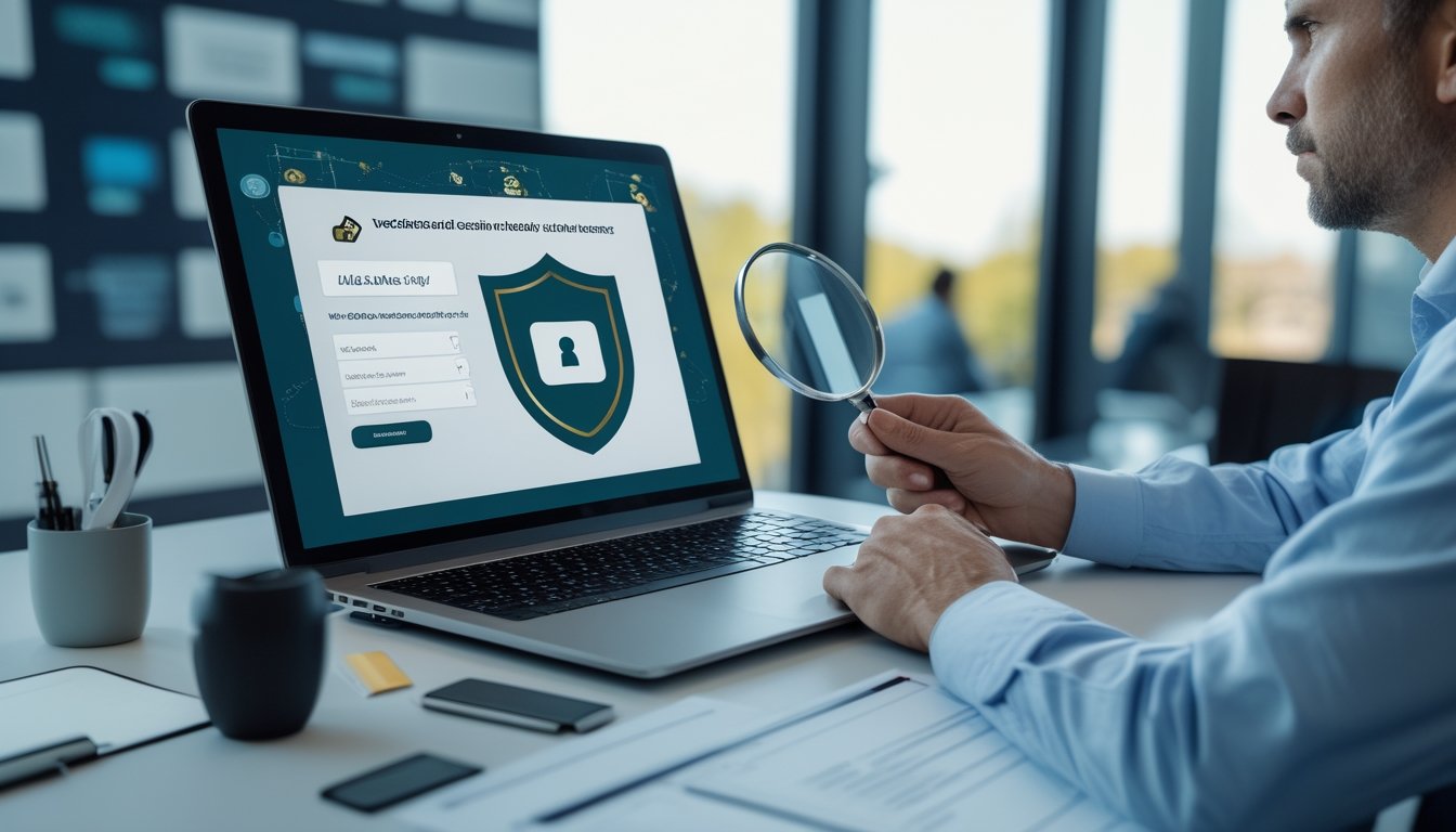 Seorang analis memeriksa keamanan dan legalitas platform kasino online menggunakan laptop, simbol perisai, kunci, dan daftar verifikasi.
