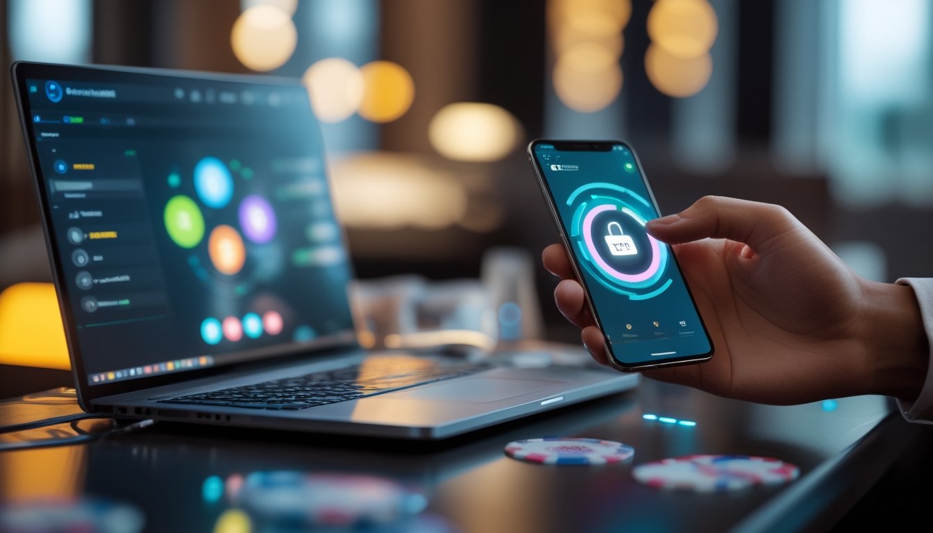 Laptop dan ponsel menampilkan antarmuka pembayaran digital dengan elemen kasino yang samar di latar belakang.