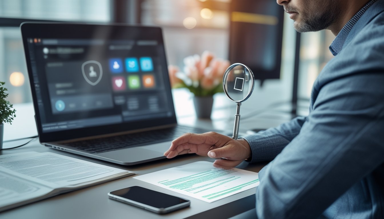 Seorang profesional memeriksa keamanan dan legalitas platform pembayaran digital menggunakan laptop, ponsel, simbol perisai, dan dokumen.
