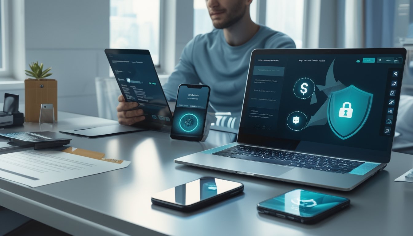 Seseorang meninjau keamanan situs kasino online dengan laptop, dokumen hukum, simbol perisai, dan ikon kunci.
