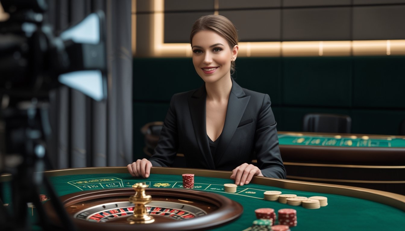 Dealer perempuan memandu permainan baccarat dan roulette di studio kasino online dengan meja permainan, roda roulette, kartu, dan keping kasino.