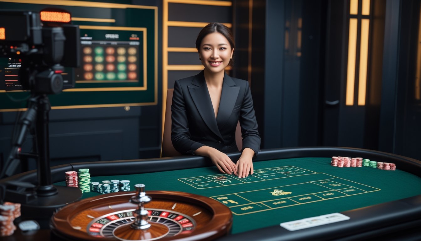 Dealer perempuan memandu permainan baccarat dan roulette di studio kasino live.