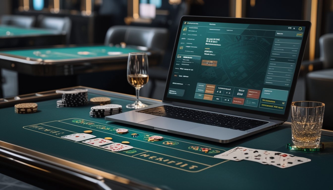 Meja baccarat elegan dengan kartu, keping kasino, dan perangkat digital di suasana mewah.