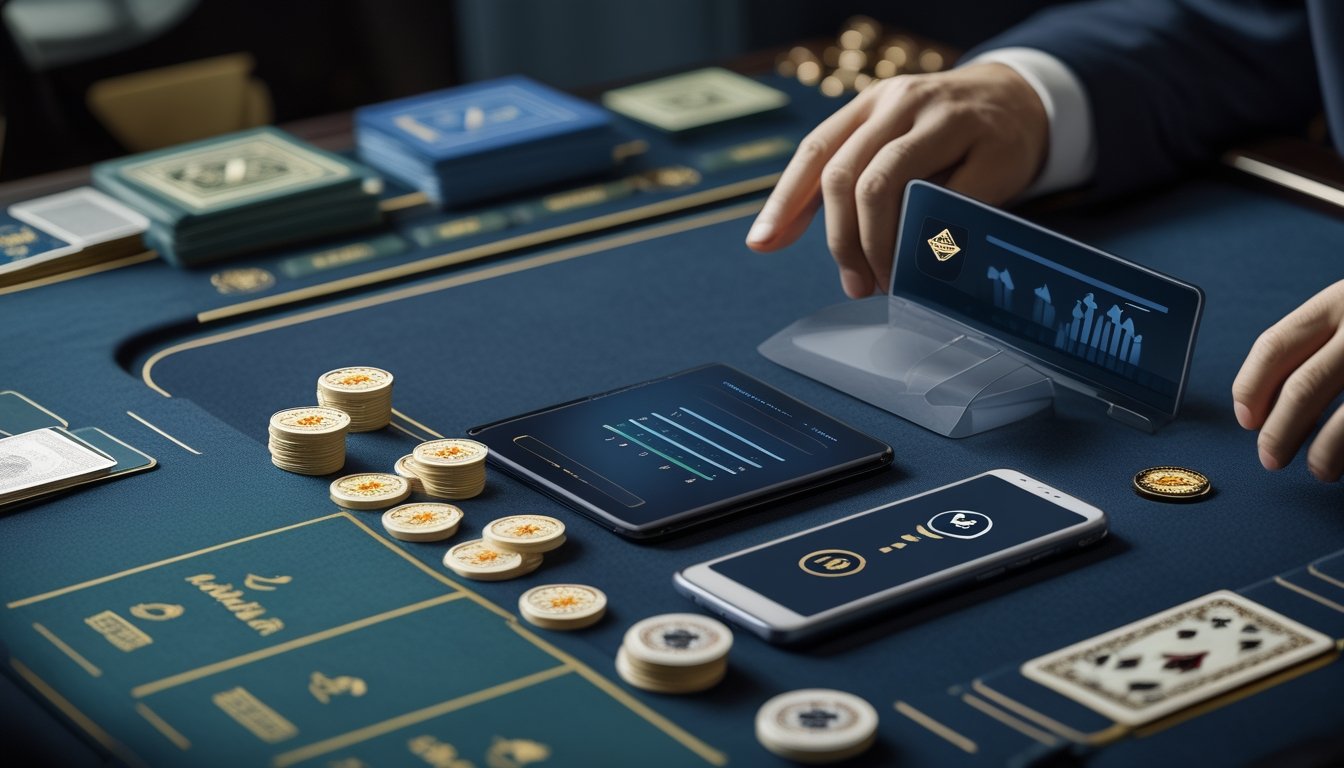Meja baccarat dengan kartu, keping taruhan, dan perangkat digital yang menampilkan simbol keamanan serta pembayaran.