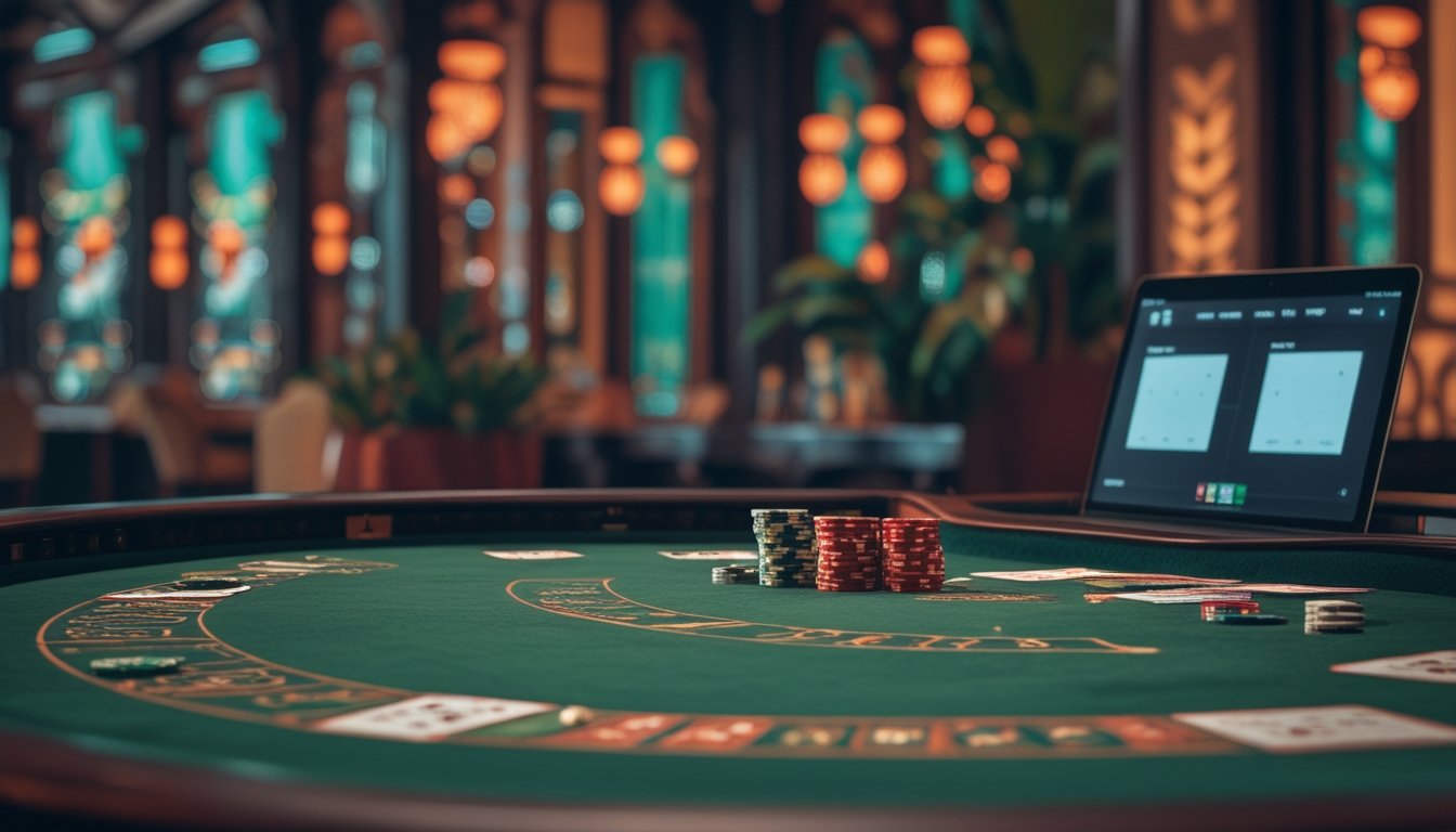 Meja baccarat hijau dengan kartu, keping kasino, dan perangkat digital dalam suasana elegan.