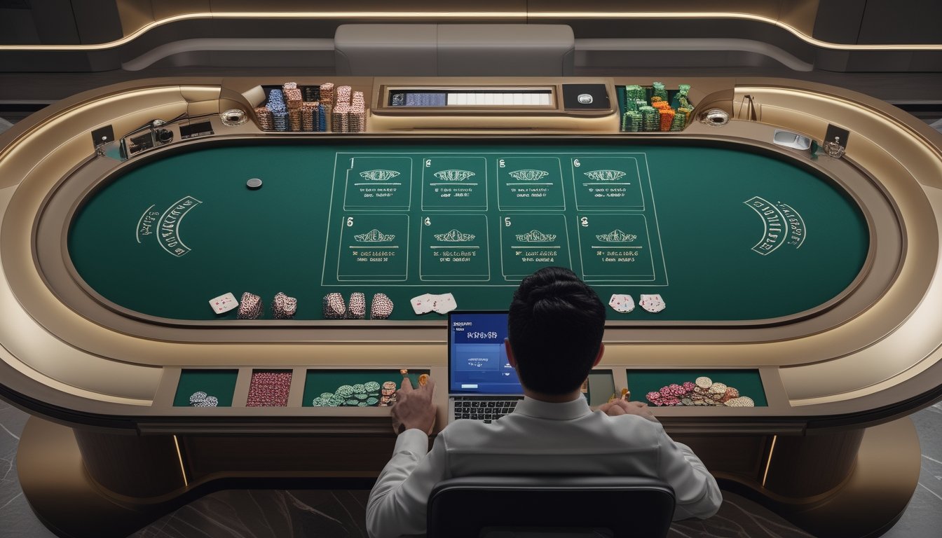 Seorang pemain menggunakan perangkat digital di depan meja baccarat dengan kartu dan keping taruhan.
