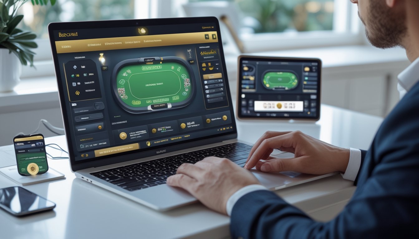 Pemula memainkan baccarat online dengan taruhan kecil menggunakan laptop di ruang kerja modern.
