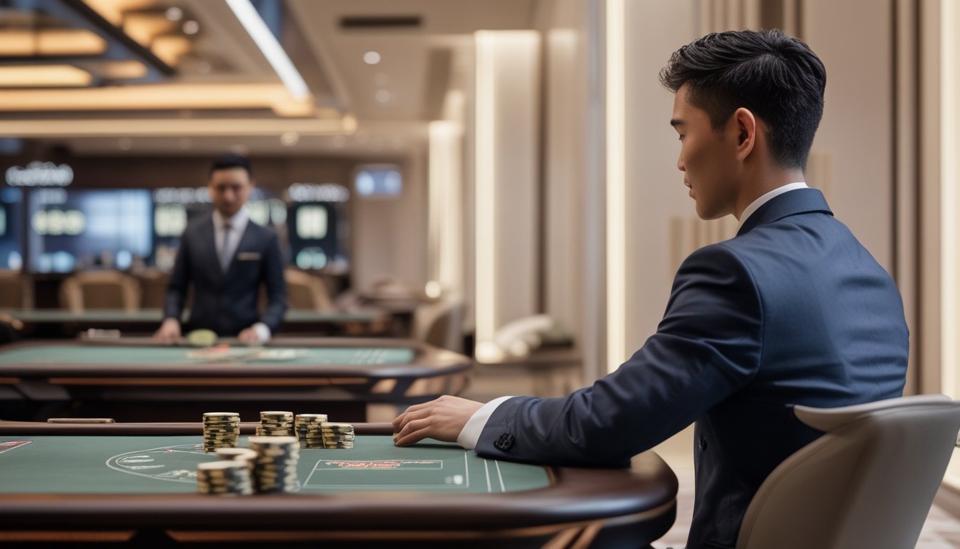 Pemain pemula belajar baccarat di meja kasino dengan kartu dan keping taruhan dalam suasana yang ramah.