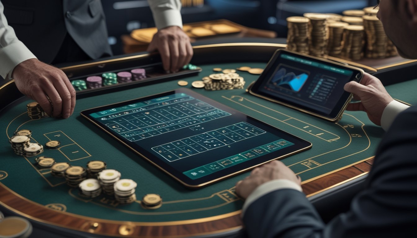 Pemain mempelajari permainan baccarat online di meja elegan dengan kartu, chip kasino, dan grafik analisis.
