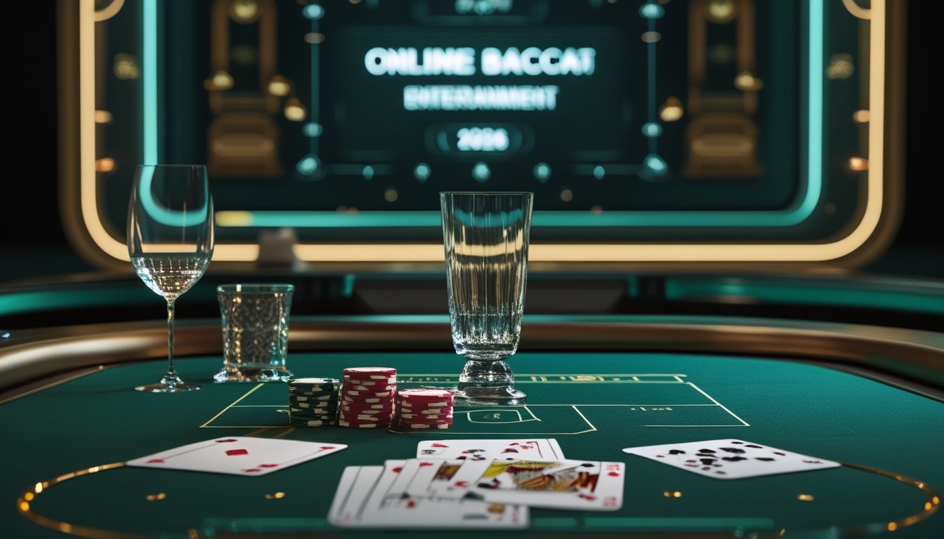 Meja baccarat elegan dengan kartu dan keping kasino di dalam ruangan modern.