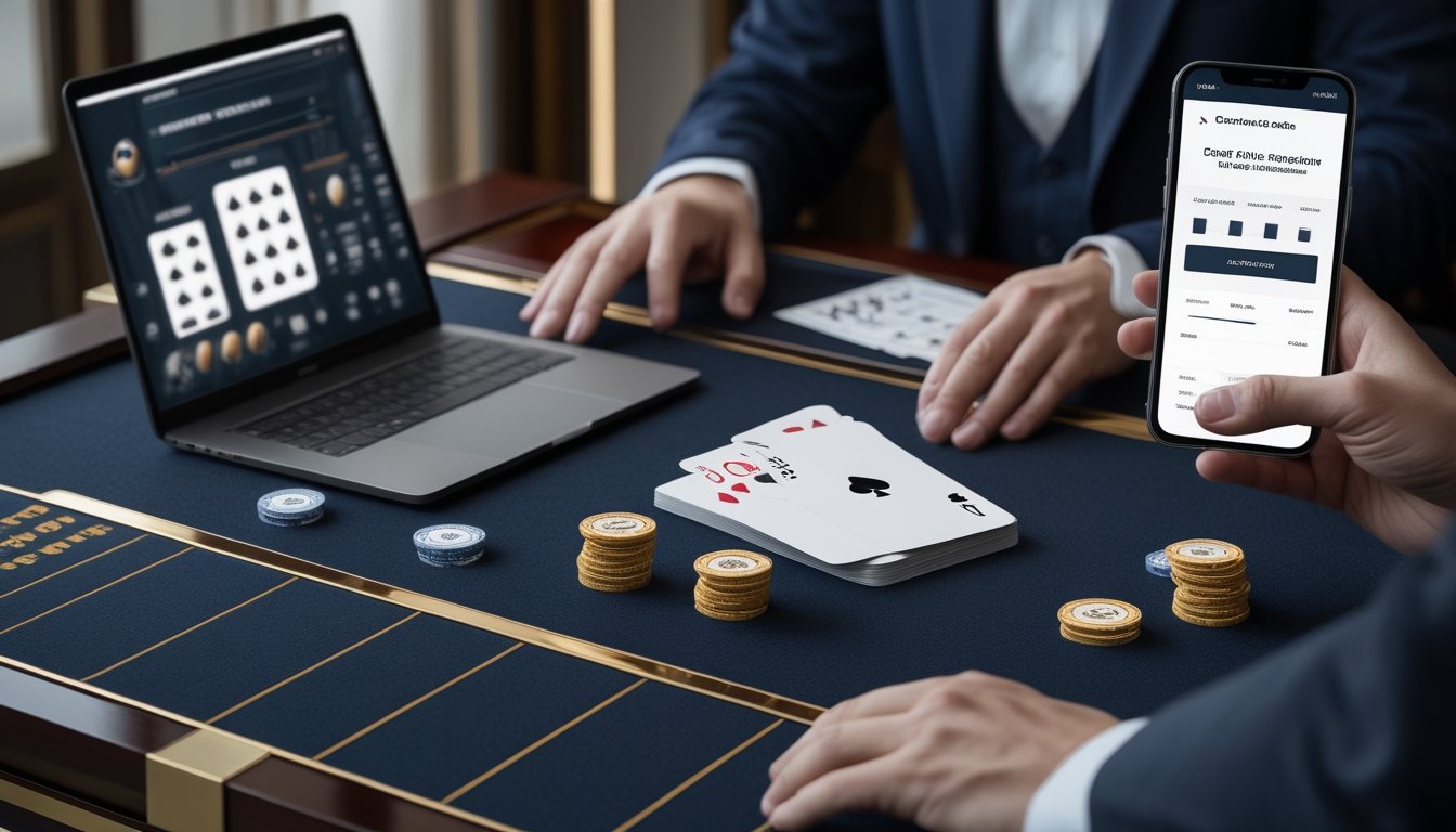 Meja modern dengan laptop, ponsel, kartu baccarat, dan keping kasino dalam suasana elegan.