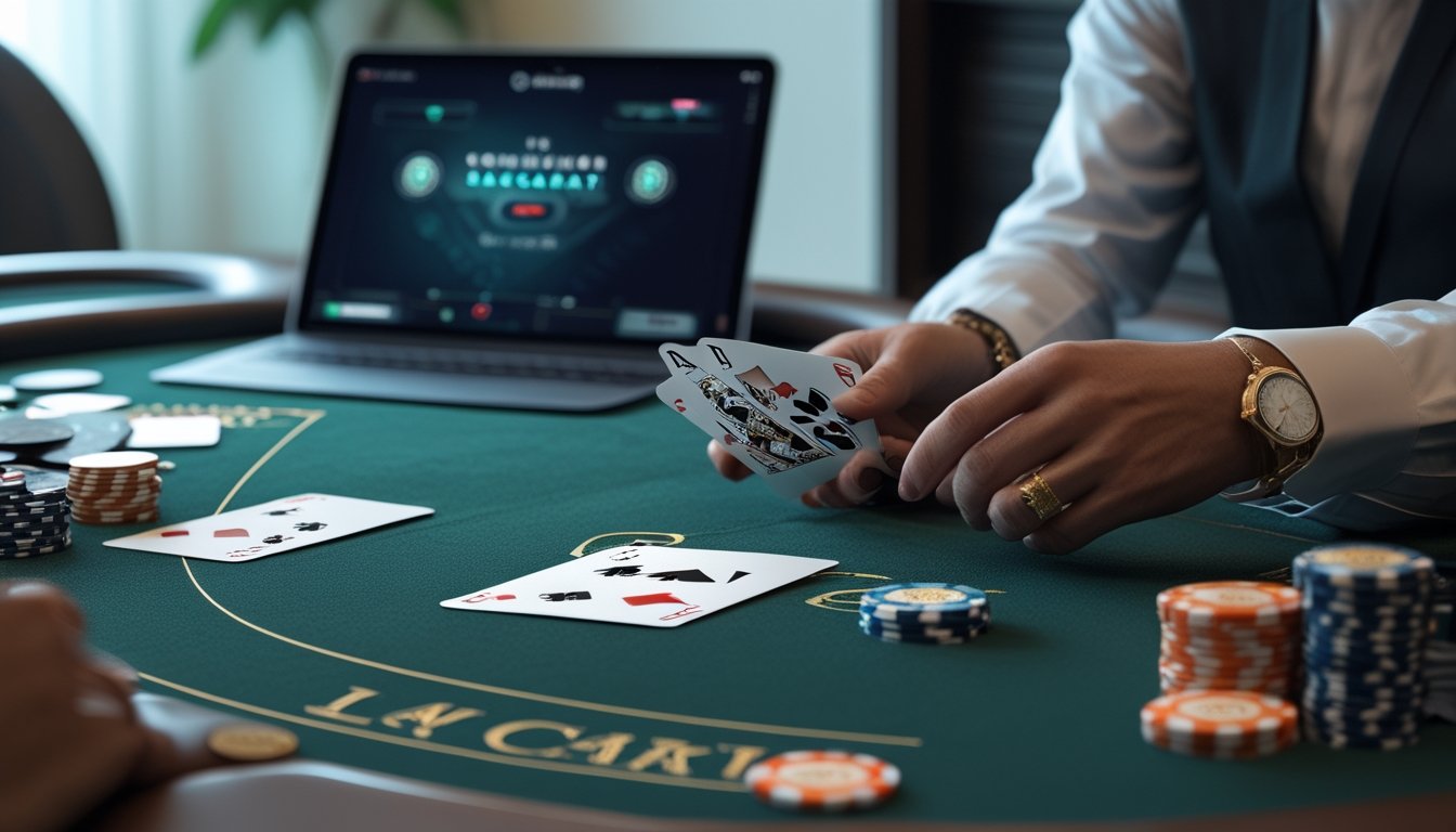 Meja baccarat dengan kartu, chip kasino, dan dealer dalam suasana kasino modern.
