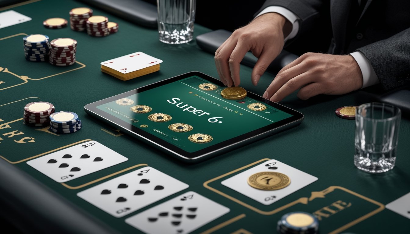 Meja baccarat mewah dengan kartu, keping kasino, dan perangkat yang menampilkan antarmuka permainan digital.
