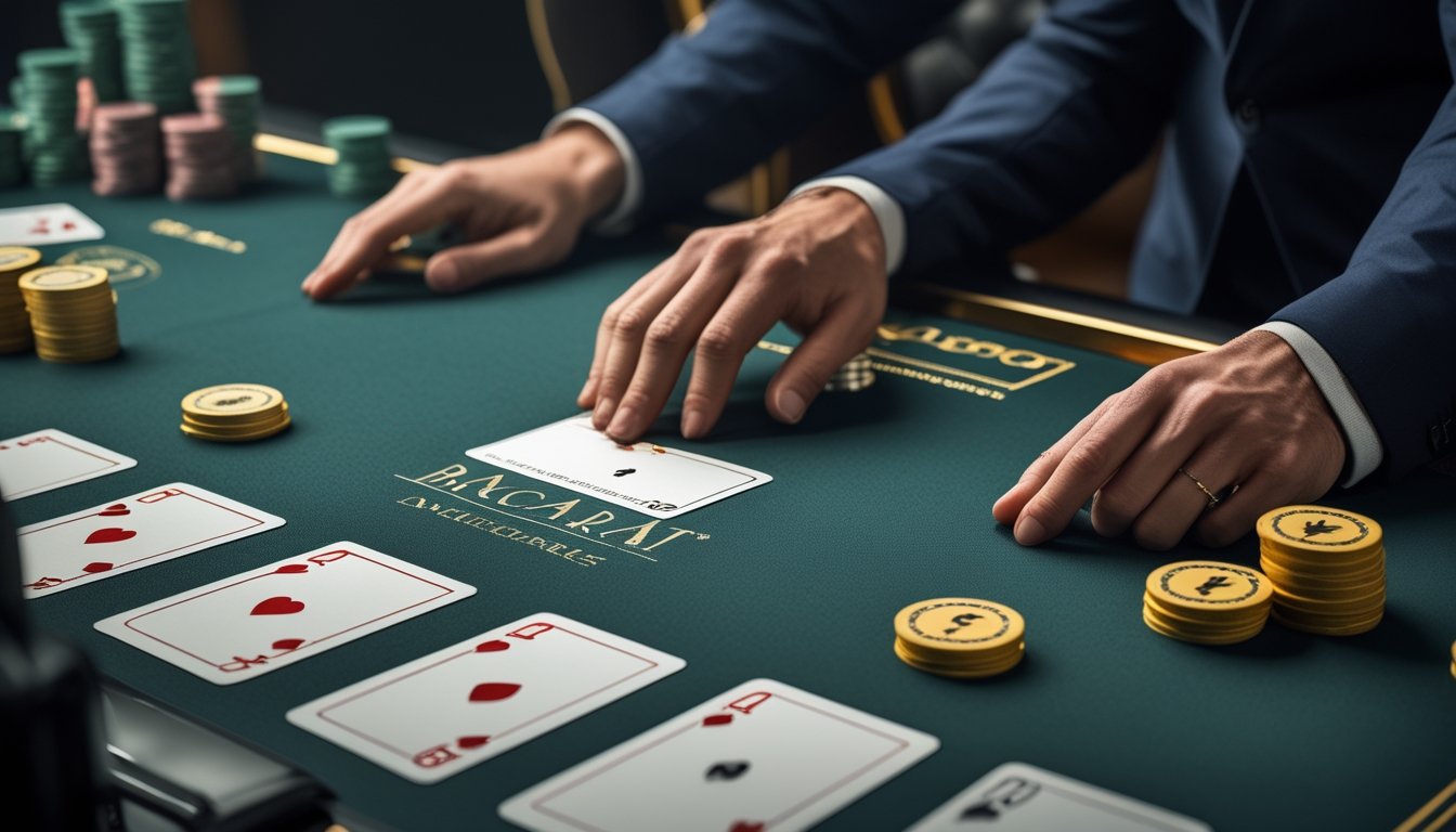 Meja baccarat modern dengan kartu, keping taruhan, dan tangan dealer dalam suasana kasino elegan.