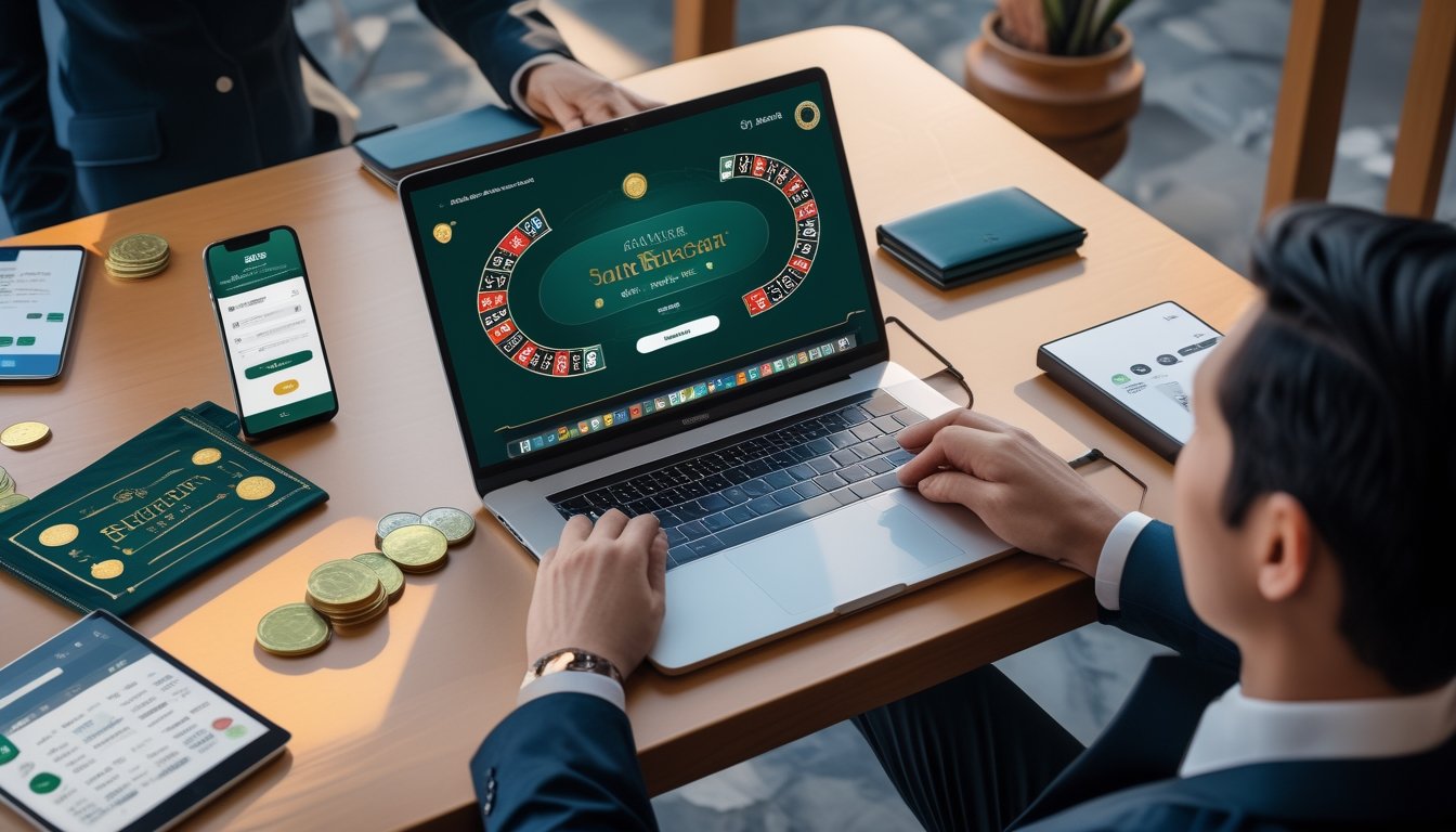 Seseorang menggunakan laptop untuk bermain baccarat online dengan elemen pembayaran digital dan koin di meja.