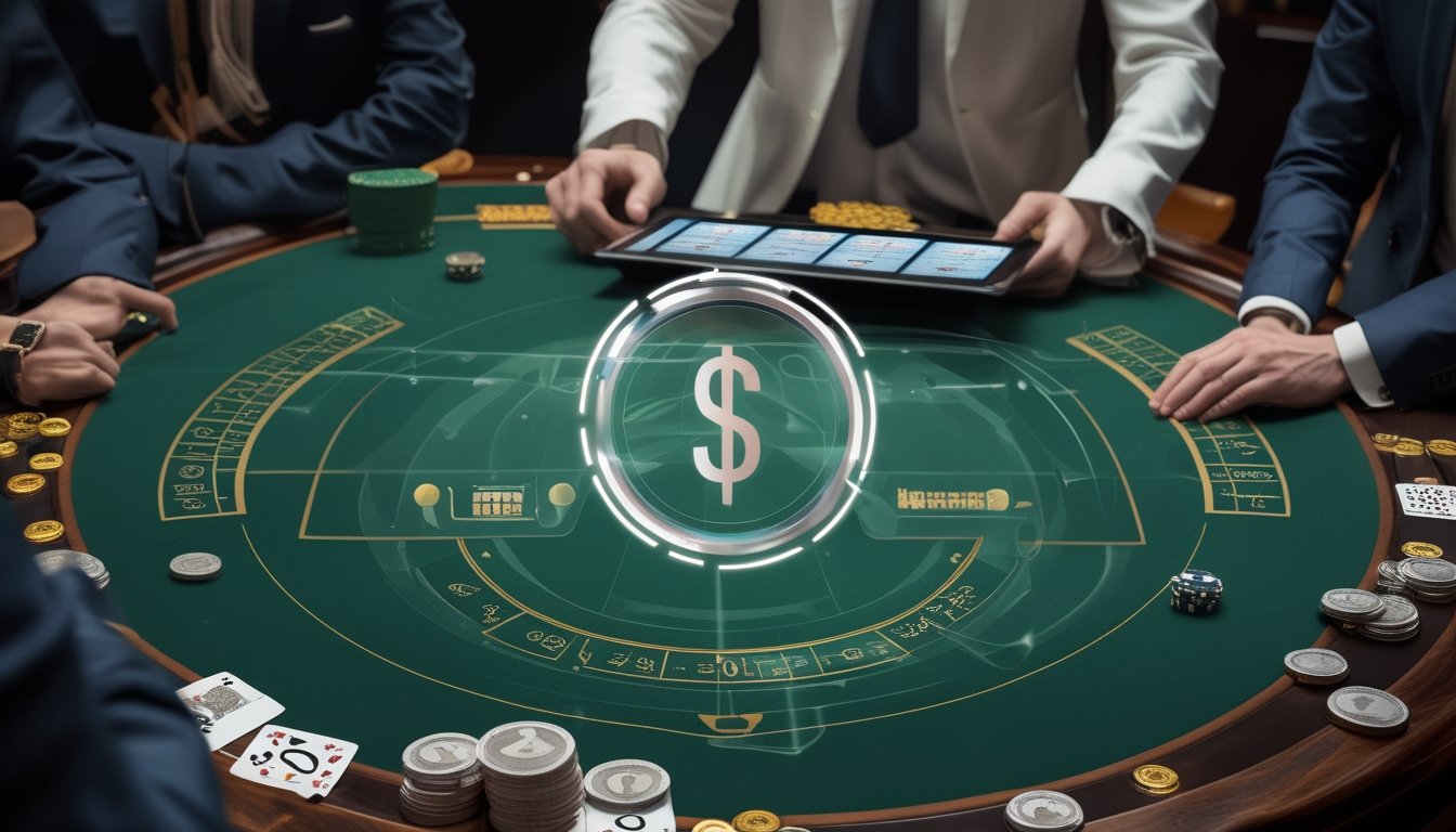 Meja baccarat elegan dengan kartu, keping, dan perangkat digital dalam suasana kasino modern.
