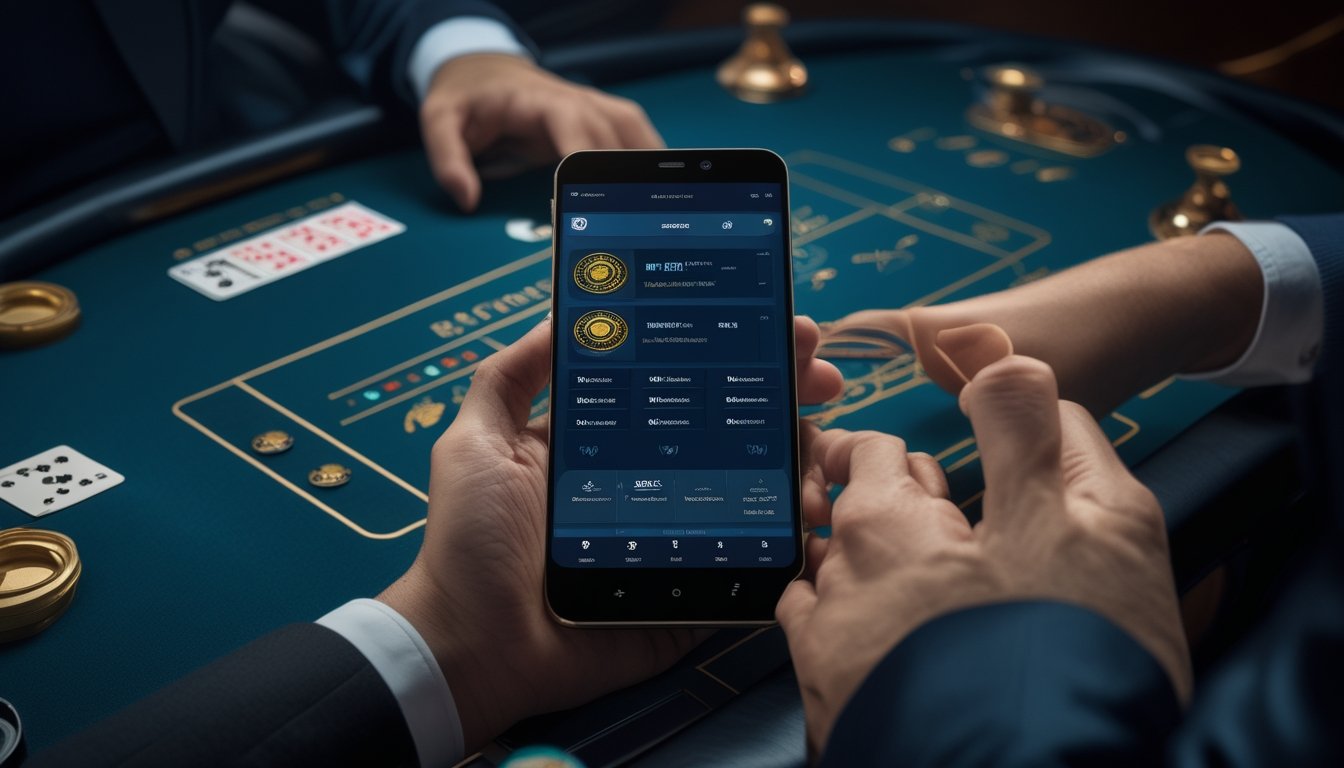 Seseorang menggunakan ponsel untuk memainkan permainan baccarat online di suasana kasino modern.