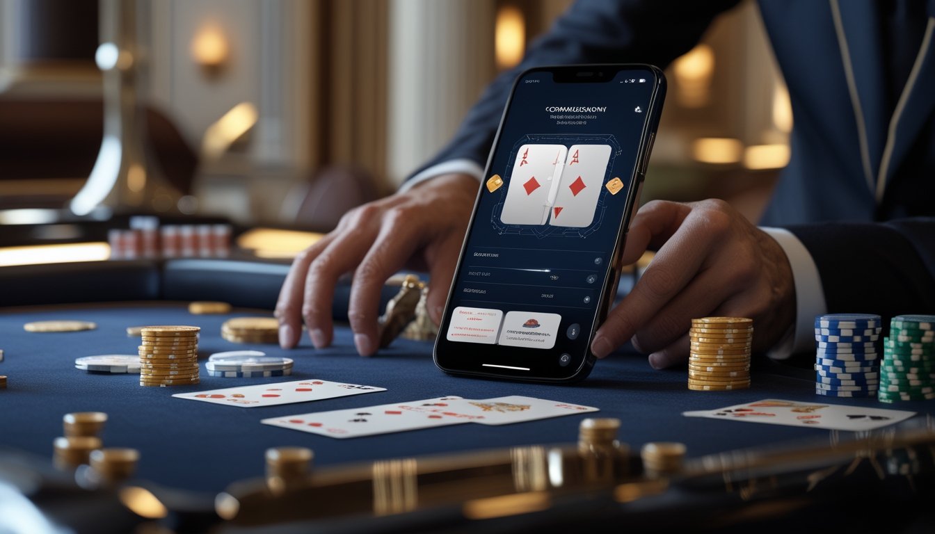 Tangan pemain menggunakan ponsel di atas meja baccarat dengan kartu dan keping kasino.