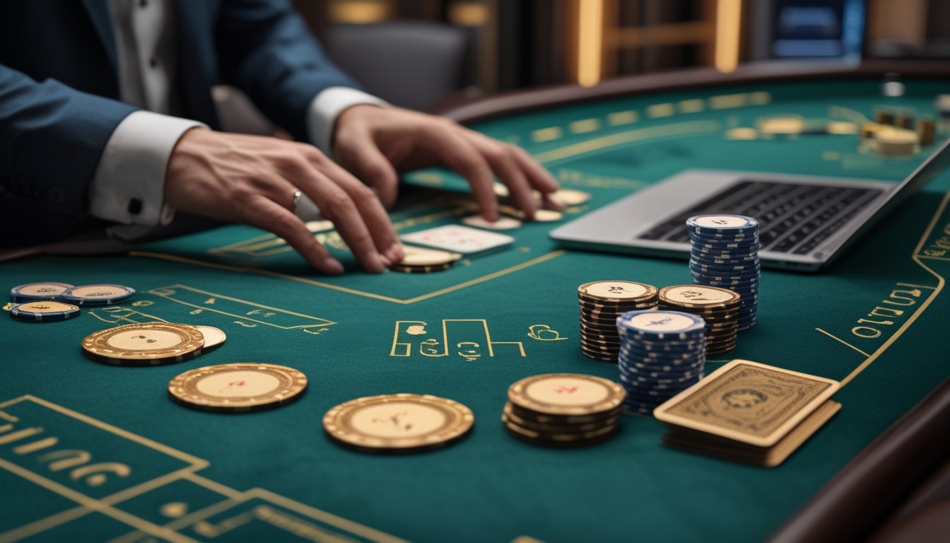 Meja baccarat modern dengan kartu, keping taruhan, dan perangkat digital di latar belakang.