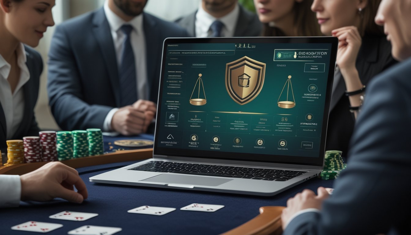Sekelompok profesional menilai platform baccarat di meja permainan dengan laptop dan simbol keamanan.