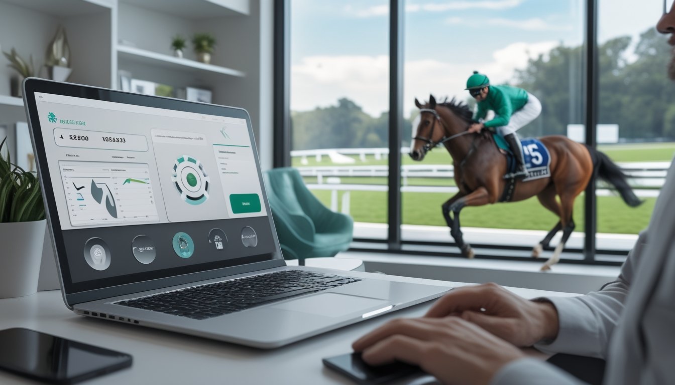 Seorang pengguna melihat platform balap kuda digital di laptop, dengan joki dan kuda berlari di lintasan.