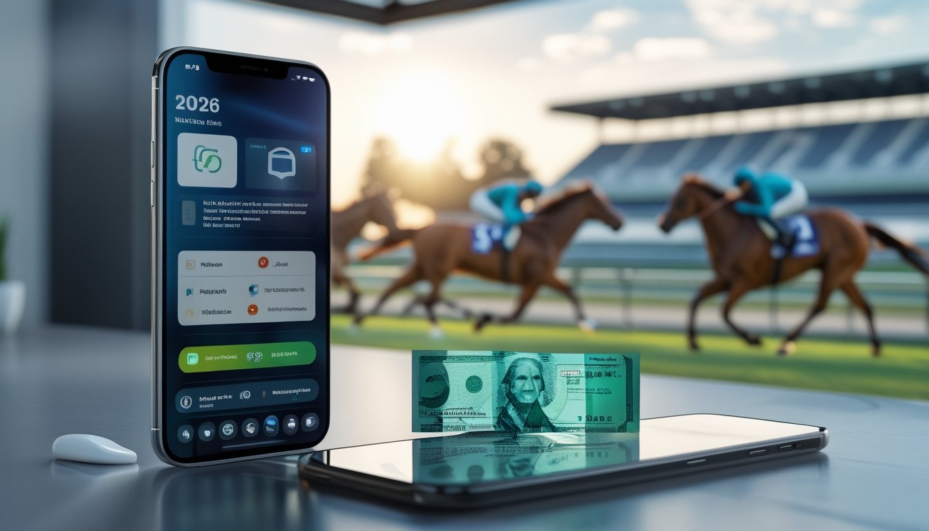 Ponsel dengan tampilan pembayaran dompet digital berada di depan arena pacuan kuda.