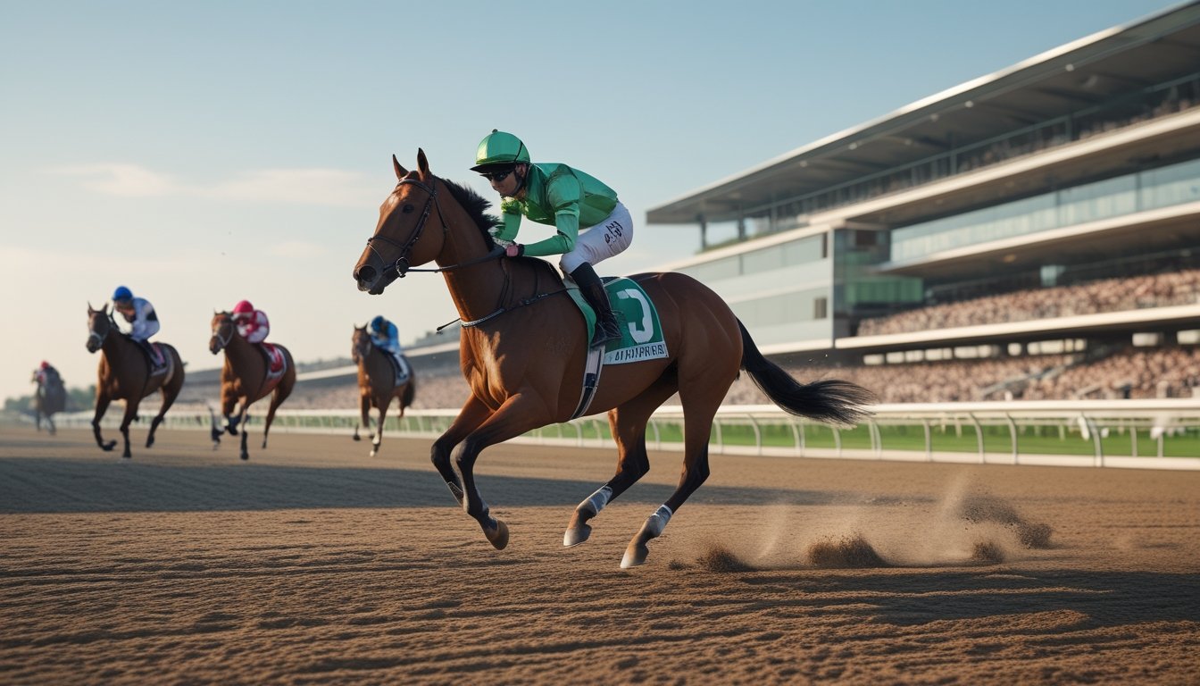 Seekor kuda pacu memimpin perlombaan di lintasan stadion dengan penonton memenuhi tribun.