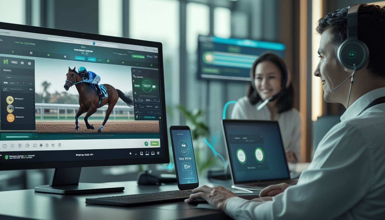 Ruang kerja modern dengan layar balap kuda daring dan petugas layanan pelanggan yang memakai headset.